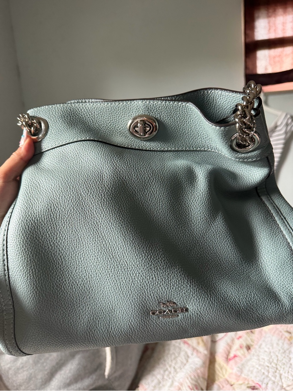 Coach Edie 31 Turnlock Leather Shoulder Bag in Mint Blue with Silver Hardware